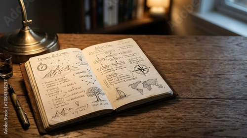 Personal action plan and vision board in an open journal on a desk