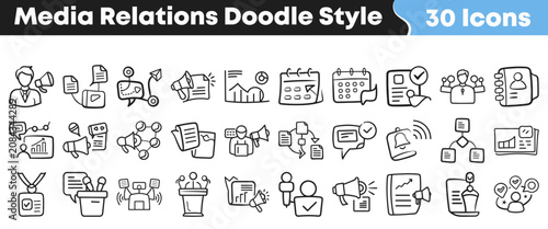 Collection of thirty hand drawn media relations doodle style icons