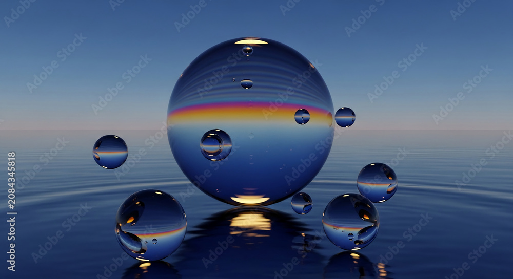 Naklejka premium Glass spheres with rainbow reflections float on calm water surface under a clear blue sky, symbolizing purity, reflection, and nature's beauty