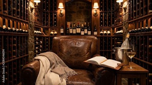 Luxury wine cellar interior with leather armchair and white wine