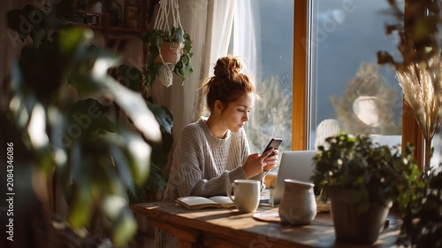 Woman Using Smartphone at Cozy Home Workspace by Window
