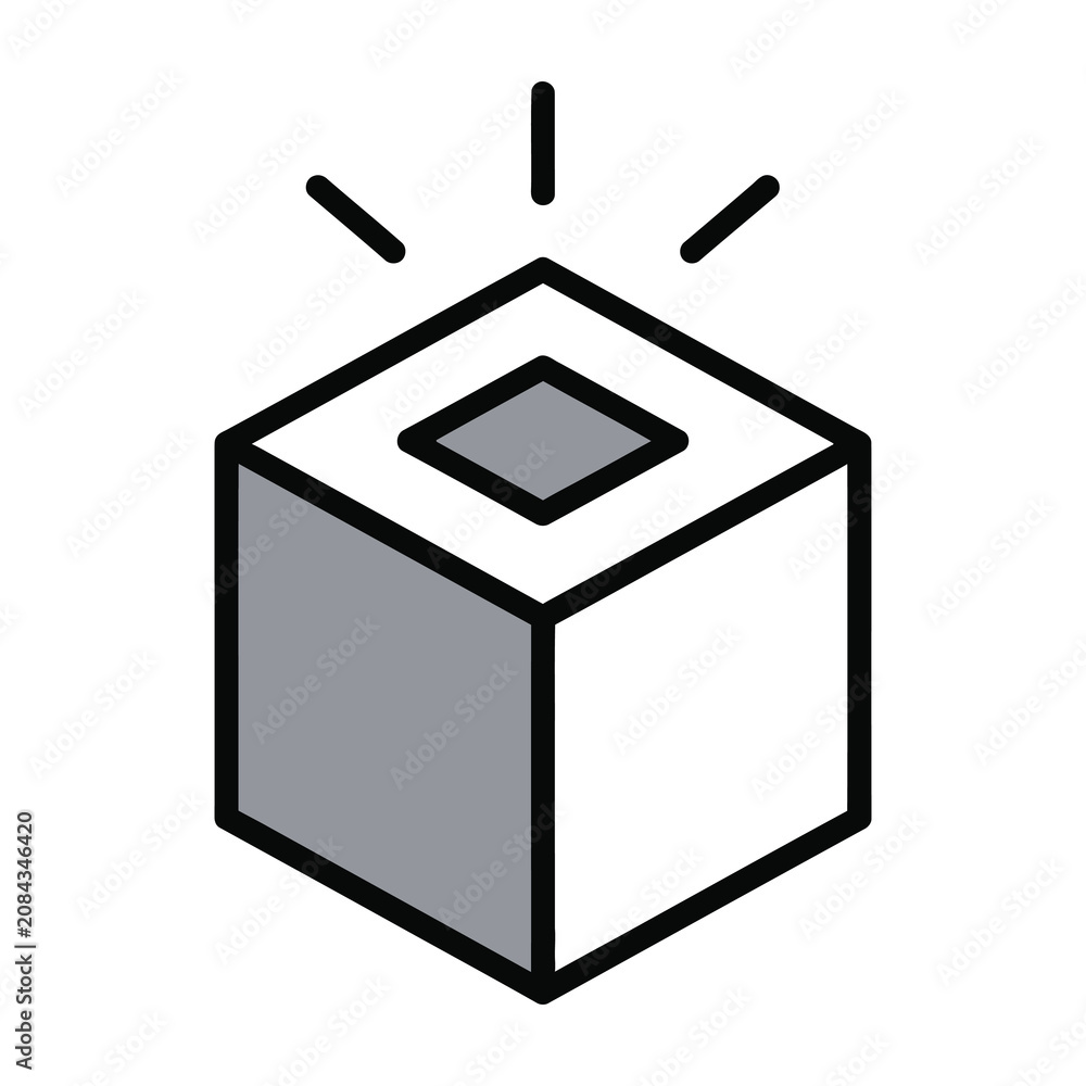 Fototapeta premium Cube with square button and lines radiating from top technology symbol