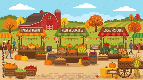 Foto Flat vector harvest market background, vegetables, baskets and farm-inspired dec
