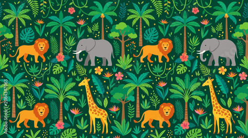 Photography Flat vector jungle safari pattern, lions, elephants, giraffes and tropical trees