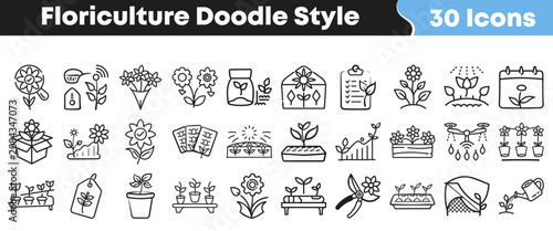 Bild auf Leinwand Set of black and white hand drawn floriculture doodle icons