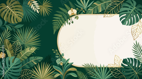 Flat vector luxury botanical background, tropical leaves and elegant copy space

