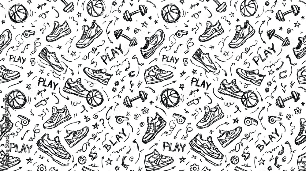 Fototapeta premium Seamless Hand Drawn Sports Doodle Pattern with Fitness Equipment Sketches