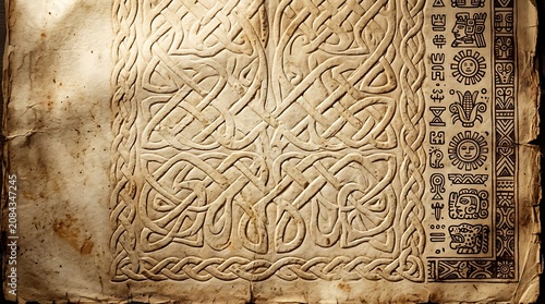 Ancient parchment with celtic knot carvings and tribal glyphs