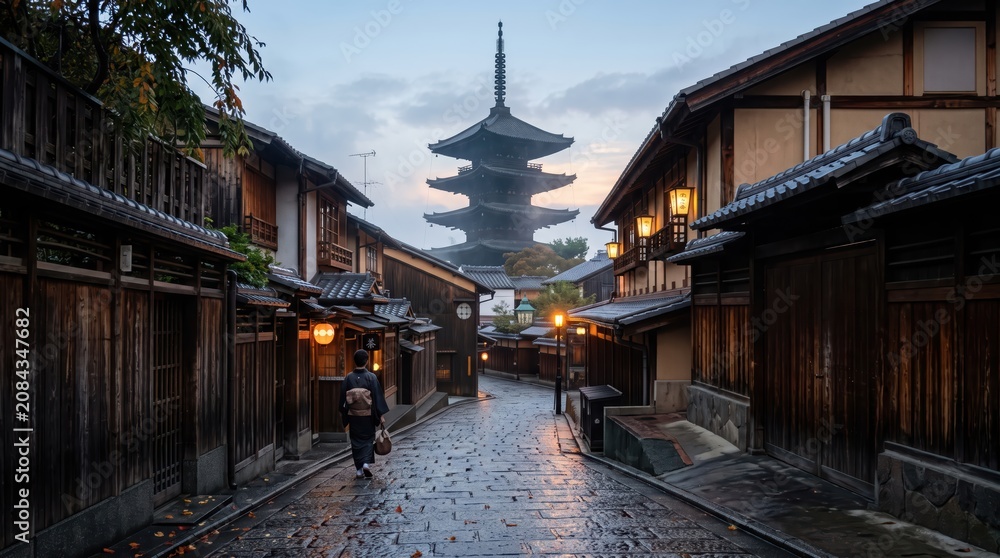 Obraz premium Traveler walking down wet narrow wooden street toward pagoda at sunrise with illuminated lanterns and reflective cobblestones, moody early morning scene