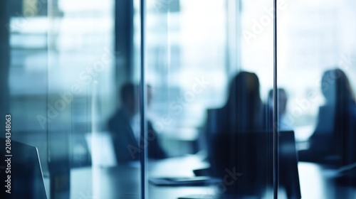 A blurred view of a modern office meeting room. Silhouettes of diverse professionals are seated around a table, engaged in discussion. Glass walls reflect the environment.