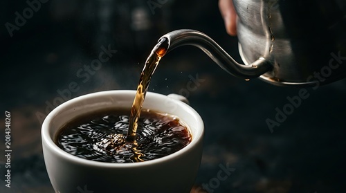 Fresh hot coffee pouring from a gooseneck kettle into a white mug