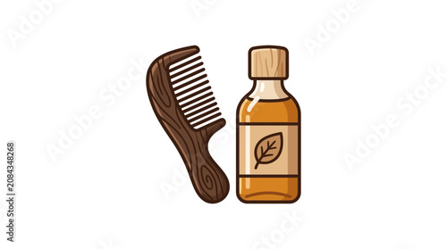 Illustration of a wooden comb and a bottle of natural hair oil with a leaf label on a white background.