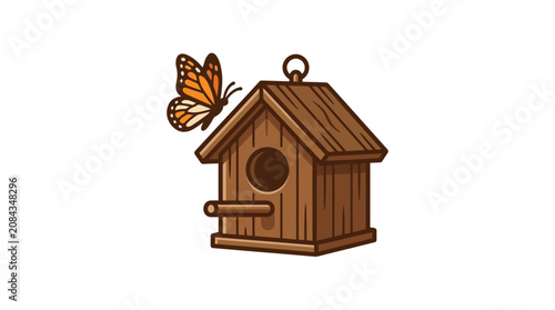 A charming wooden birdhouse with a vibrant monarch butterfly perched on its rustic roof.