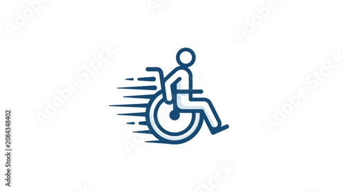 Fotografija A dynamic blue icon depicting a person in a wheelchair moving quickly with speed lines, symbolizing mobility and accessibility
