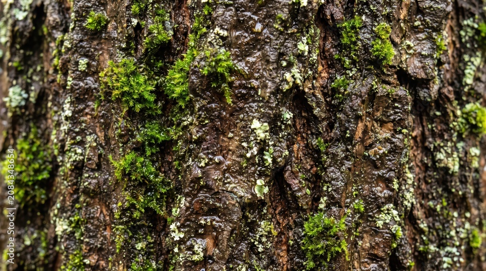 Fototapeta premium Close view of tree bark with moss and lichen showing textured trunk surface in natural woodland environment, earthy moist details and organic patterns