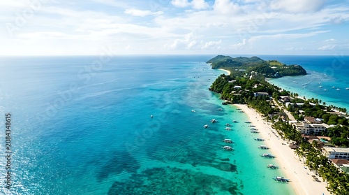 Aerial view of a tropical beach with turquoise water and boats