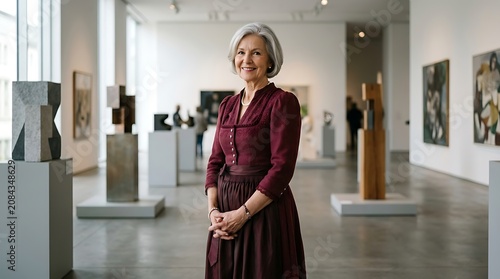 Elegant senior woman smiling in a modern art gallery