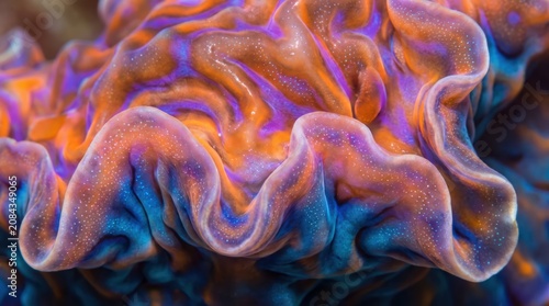Closeup of colorful coral polyp folds on tropical reef underwater, detailed marine texture and pattern study. abstract organic forms in shallow ocean habitat with vibrant purple and orange hues.