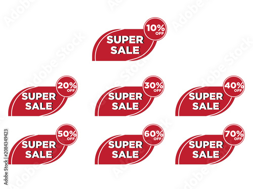 Red super sale promotional badge collection set with percentage discounts from 10% to 70% off