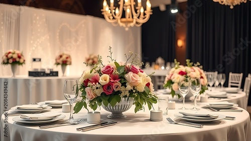 Elegant wedding catering table adorned with floral decorations and soft overhead lighting.