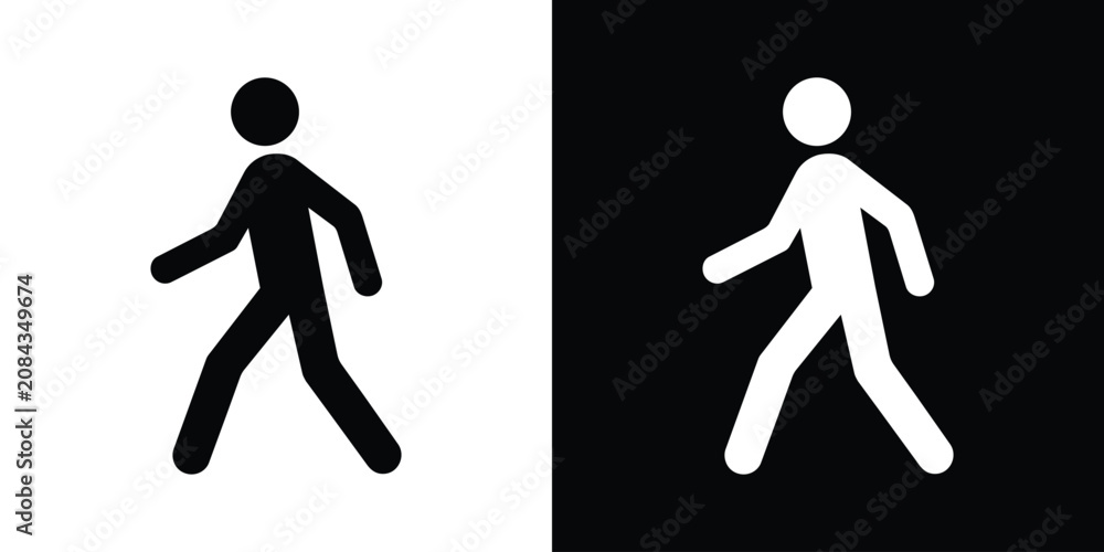 Obraz premium Walking man vector icon set. Minimalist black and white pedestrian stick figure silhouette sign.