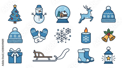 Foto Collection of winter holiday icons and symbols.