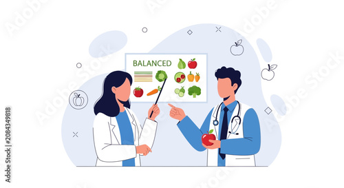 Doctors discussing balanced diet and healthy eating with fruits and vegetables illustration