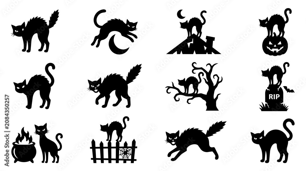 Naklejka premium Halloween black cat silhouettes set spooky feline icons