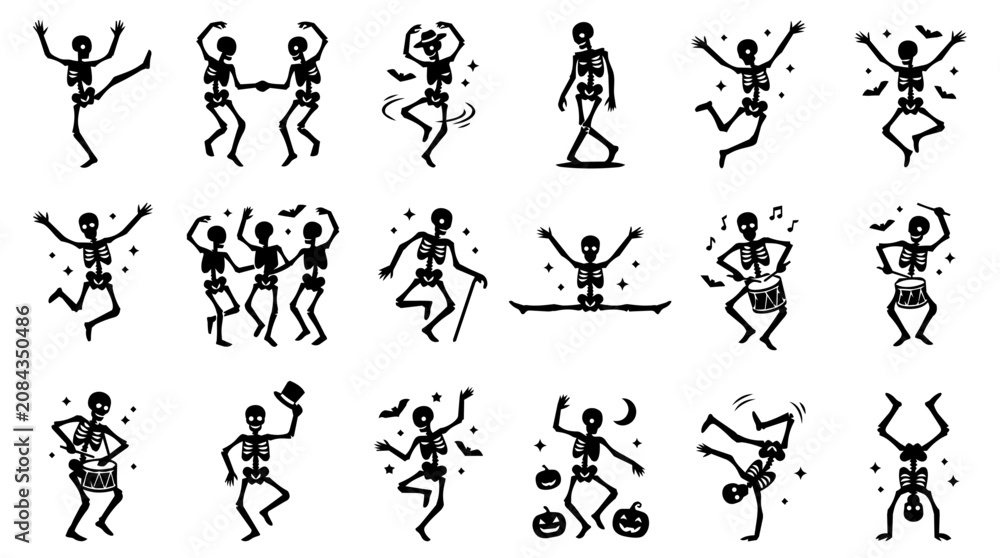 Naklejka premium Set of Dancing Skeletons Vector Illustration