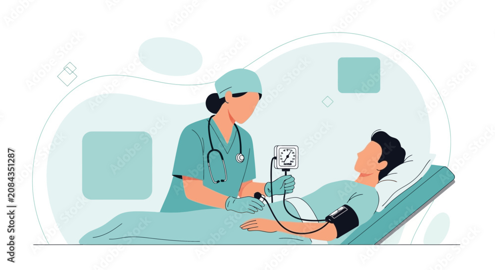Obraz premium Nurse checks patient's blood pressure with sphygmomanometer in modern flat illustration style.