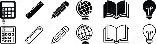 Foto back to school education icon set with globe, books, pencils, rulers, calculator