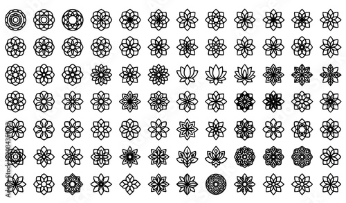 Geometric Flower Icon Set with Floral Mandala Minimal Bloom and Line Art Symbols