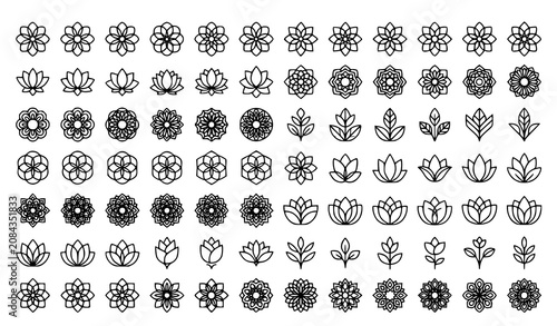 Floral Mandala and Geometric Flower Outline Icons Pack with Decorative Bloom Symbols