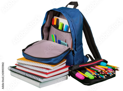 Foto Isolated blue school backpack open with notebooks, colored pencils and highlighters for education
