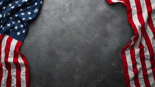 American flag on dark concrete with free space.