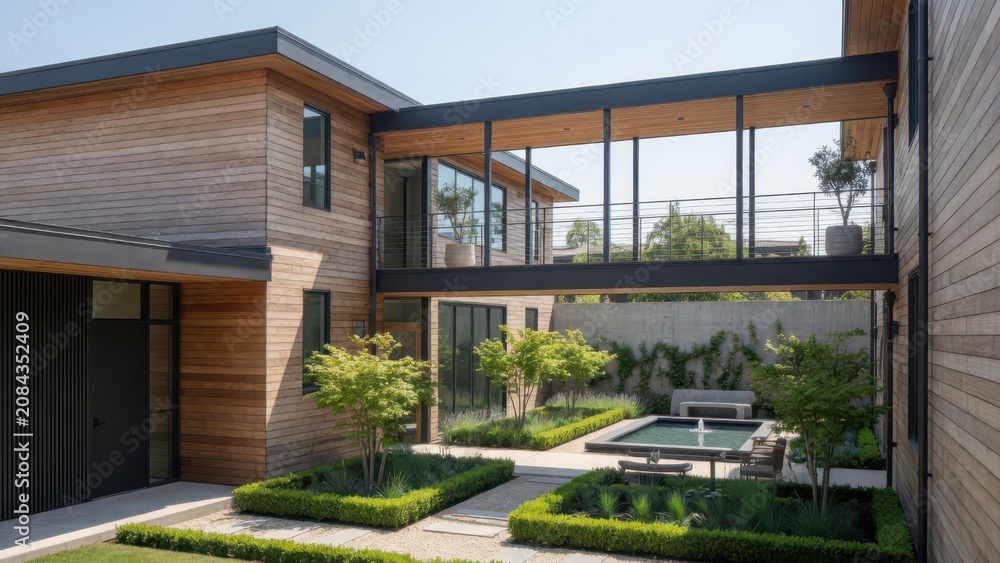 Fototapeta premium Luxury residential architecture showcasing a wooden house structure with a connecting bridge walkway over a lush courtyard garden containing a tranquil water fountain and neatly trimmed hedge gre