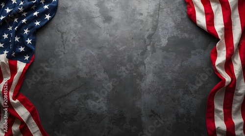 American flag on dark concrete with free space.