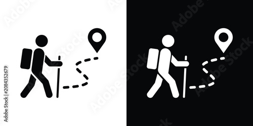 Tableau sur toile Hiking person with map pin destination icon vector set