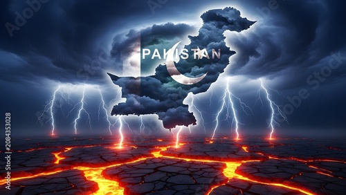 Map of pakistan silhouetted against a stormy sky with lightning and volcanic lava