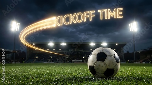 soccer ball on field with kickoff time lights