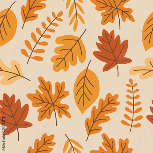 Seamless pattern with hand drawn autumn leaves, botanical fall foliage vector repeat background for fabric and wrapping paper