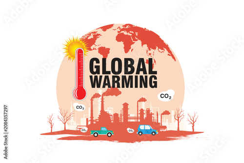 Global warming concept with Earth, rising thermometer, industrial pollution, CO2 emissions, vehicles, and climate change illustration highlighting environmental impact.