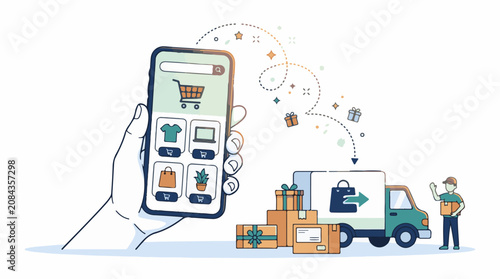 Hand holding phone with shopping options truck delivering parcels