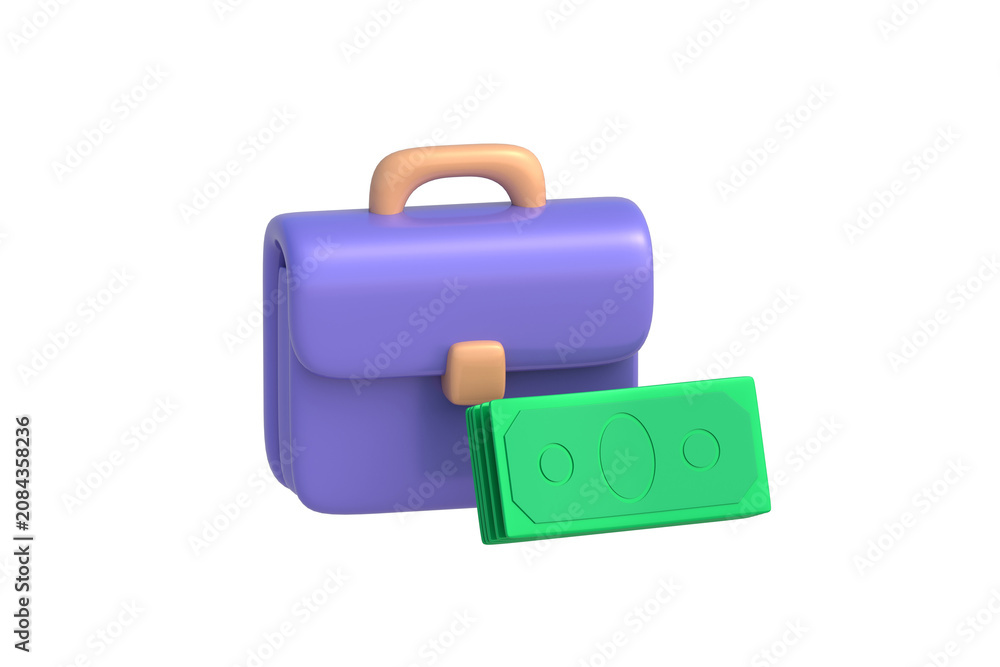 Obraz premium Investment portfolio. Capital management. Profit making. Sovereign debt. Corporate tax. Small business revenue budgeting. Leather briefcase and paper banknotes isolated on white background. 3d render