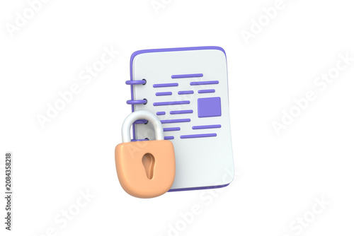 Non disclosure agreement. Data confidentiality. Trade secret protection. Privacy information compliance. Security checklist. Clipboard and locked padlock isolated on white background. 3d render