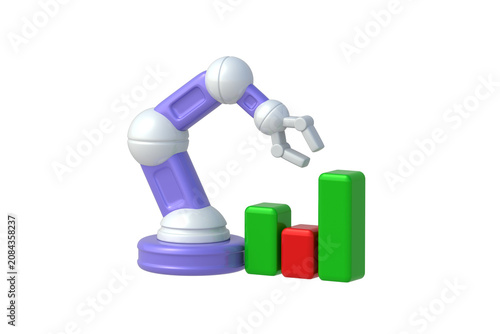 Increasing factory productivity through automation. Innovative robotics performance enhancement. Production line optimization. Mechanical arm and growth chart isolated on white background. 3d render