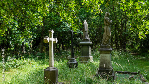 Overgrown Cemetery with Historic Stone Monuments