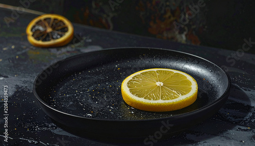 Lemon slice on black plate