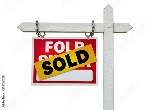Isolated wooden real estate sign with red 'Sold' banner symbolizing a successful sale