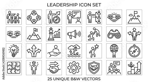 Leadership icons illustrate core management concepts and strategic vision within a framed collection.